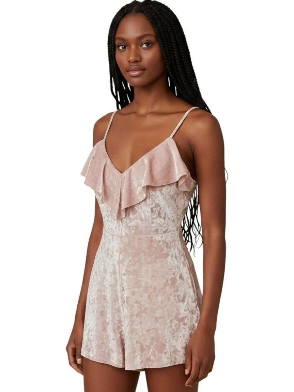 Urban Outfitters Crushed Velvet Romper Tie Back Ruffle V Neck Blush Pink Size S